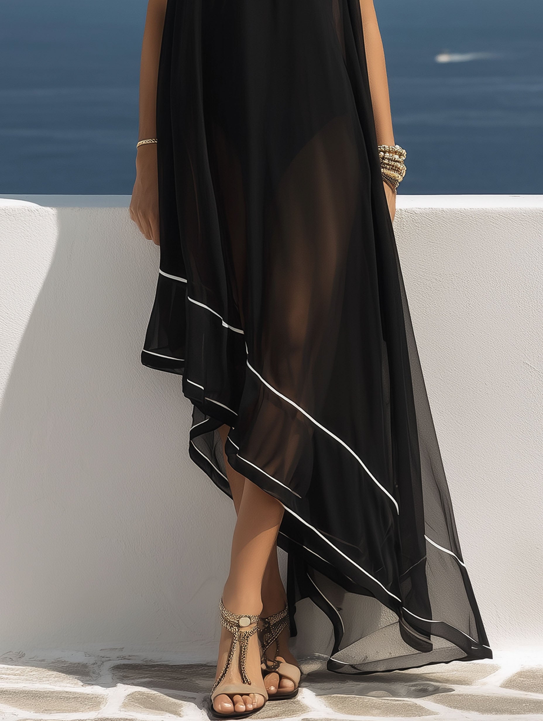 Black Chiffon Beach Dress With A Light And Sheer One-Shoulder Maxi Dress