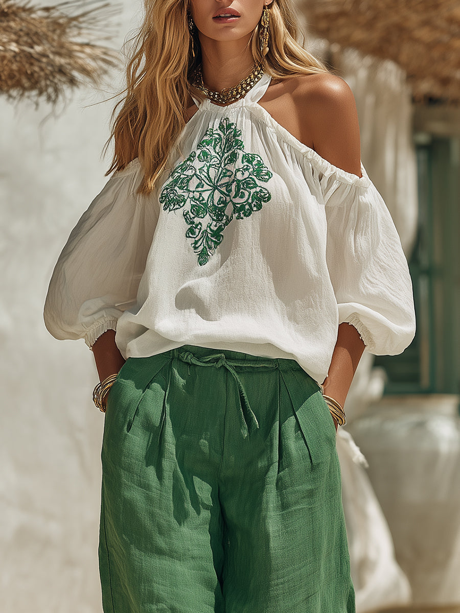 Casual Vacation Green Embroidered White Halter Top And Green Wide-leg Pants Set