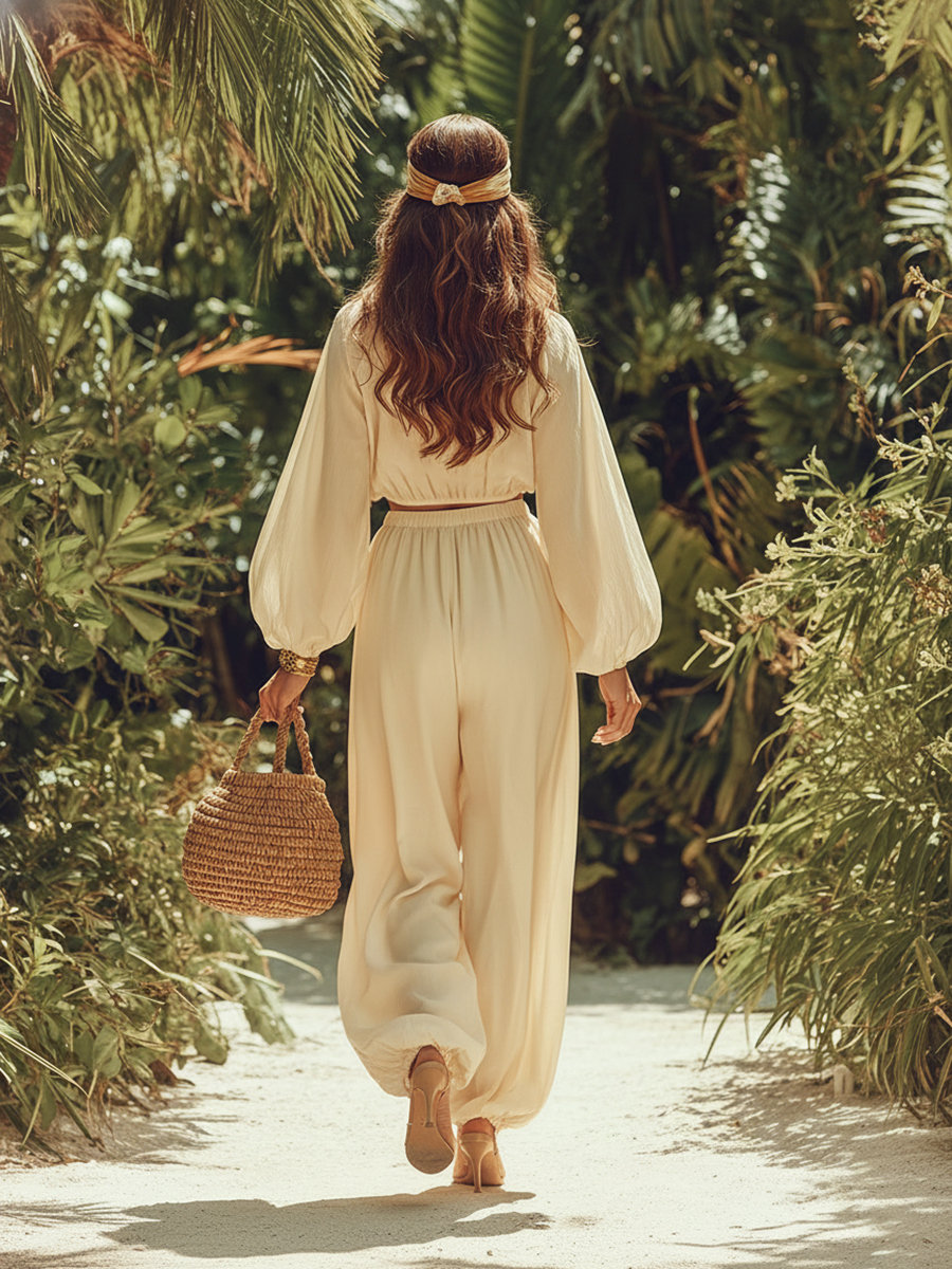 Simple And Stylish Resort-style Long-sleeved Top And Tapered Trousers Satin Set