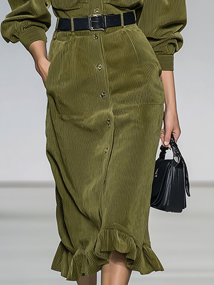 Fashion Retro Green Corduroy Slim Midi Dress