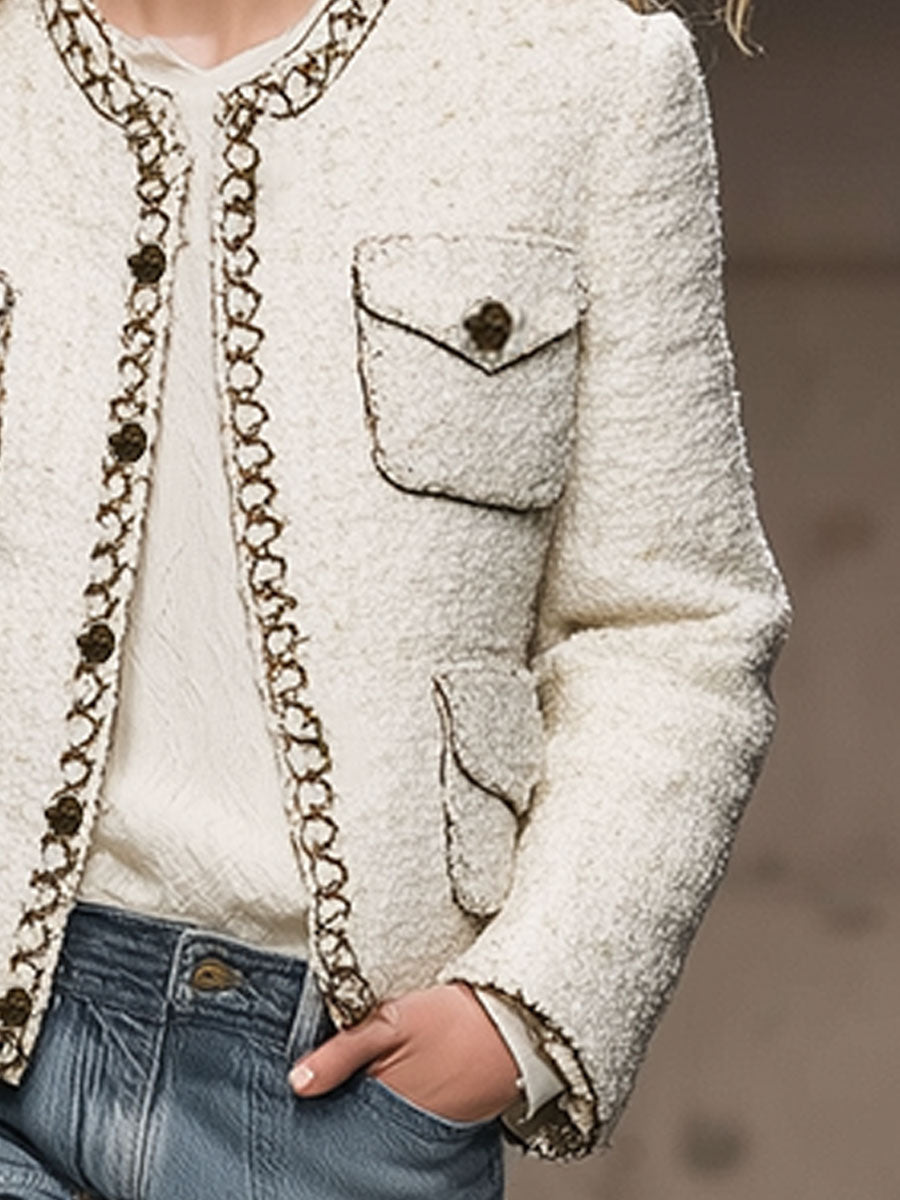 Fashion Retro Patchwork Webbing White Tweed Jacket