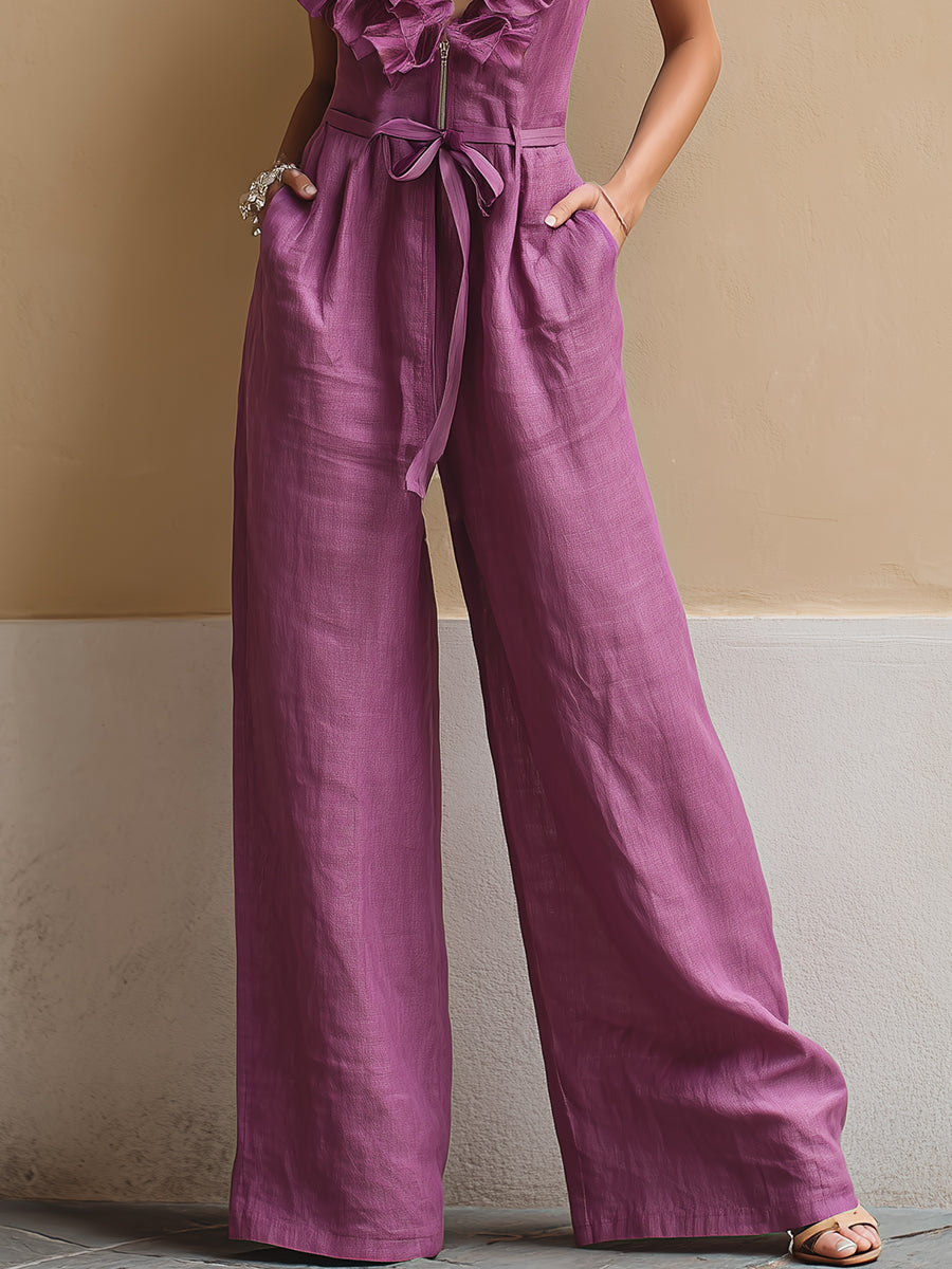 Casual Vacation Purple Cotton Linen Ruffled V-Neck Zipper Sleeveless Jumpsuit