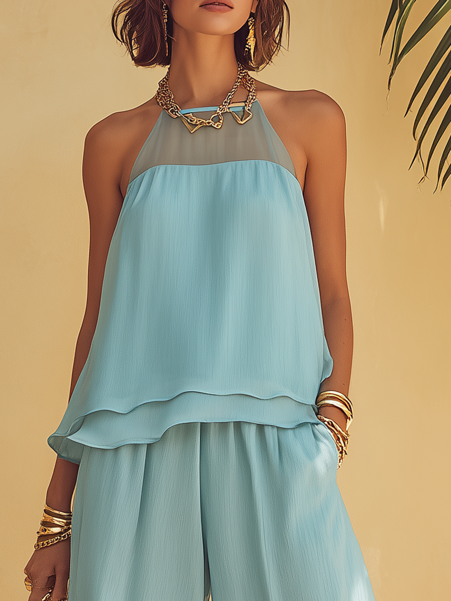 Luxurious And High-end Sky Blue Rayon Sleeveless Top And Wide-leg Pants Set