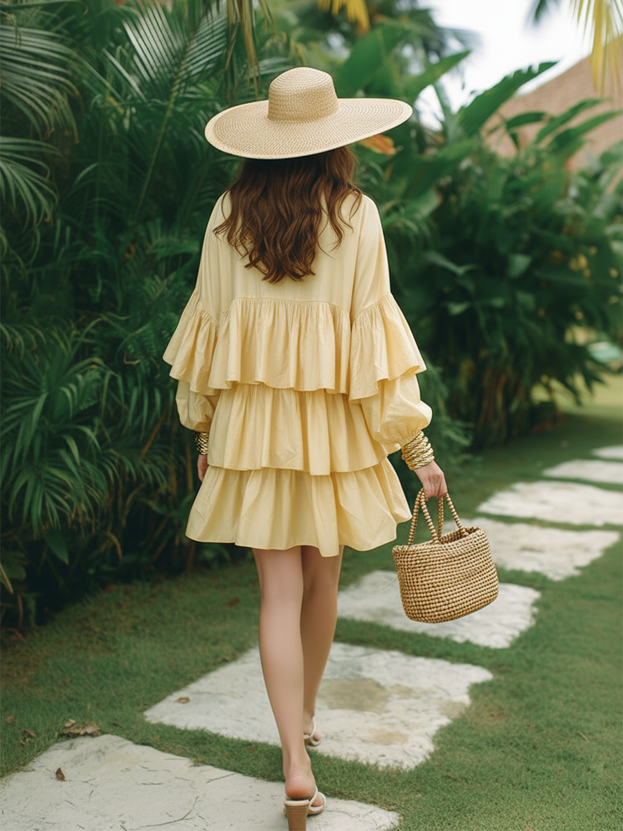 Romantic Vacation Style Ruffled Hem Yellow Cotton Long-sleeved Mini Dress
