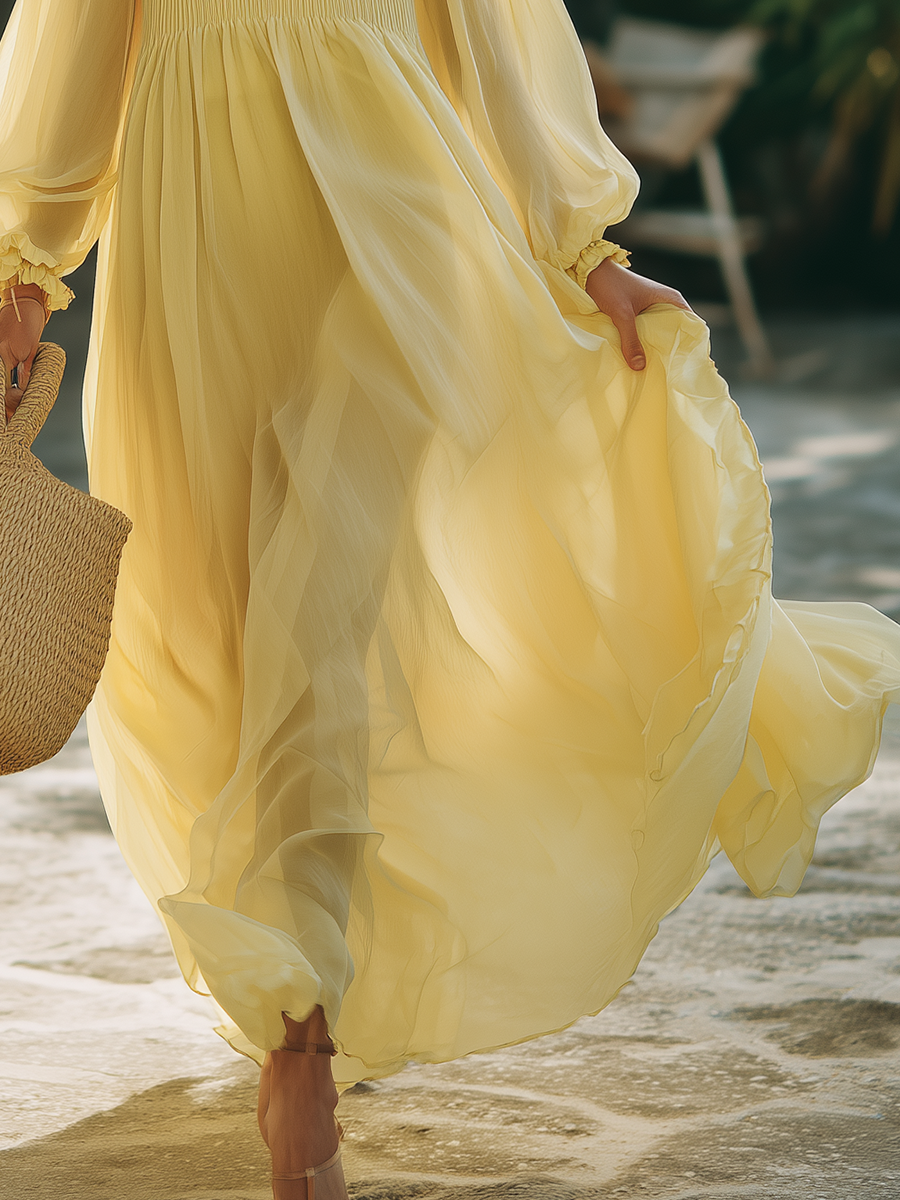 Romantic Vacation Style Ruffled Neckline Off-the-shoulder Long-sleeved Chiffon Maxi Dress