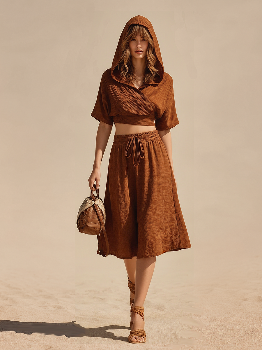 Vacation-style Hooded V-neck Short-sleeved Top And Skirt Set