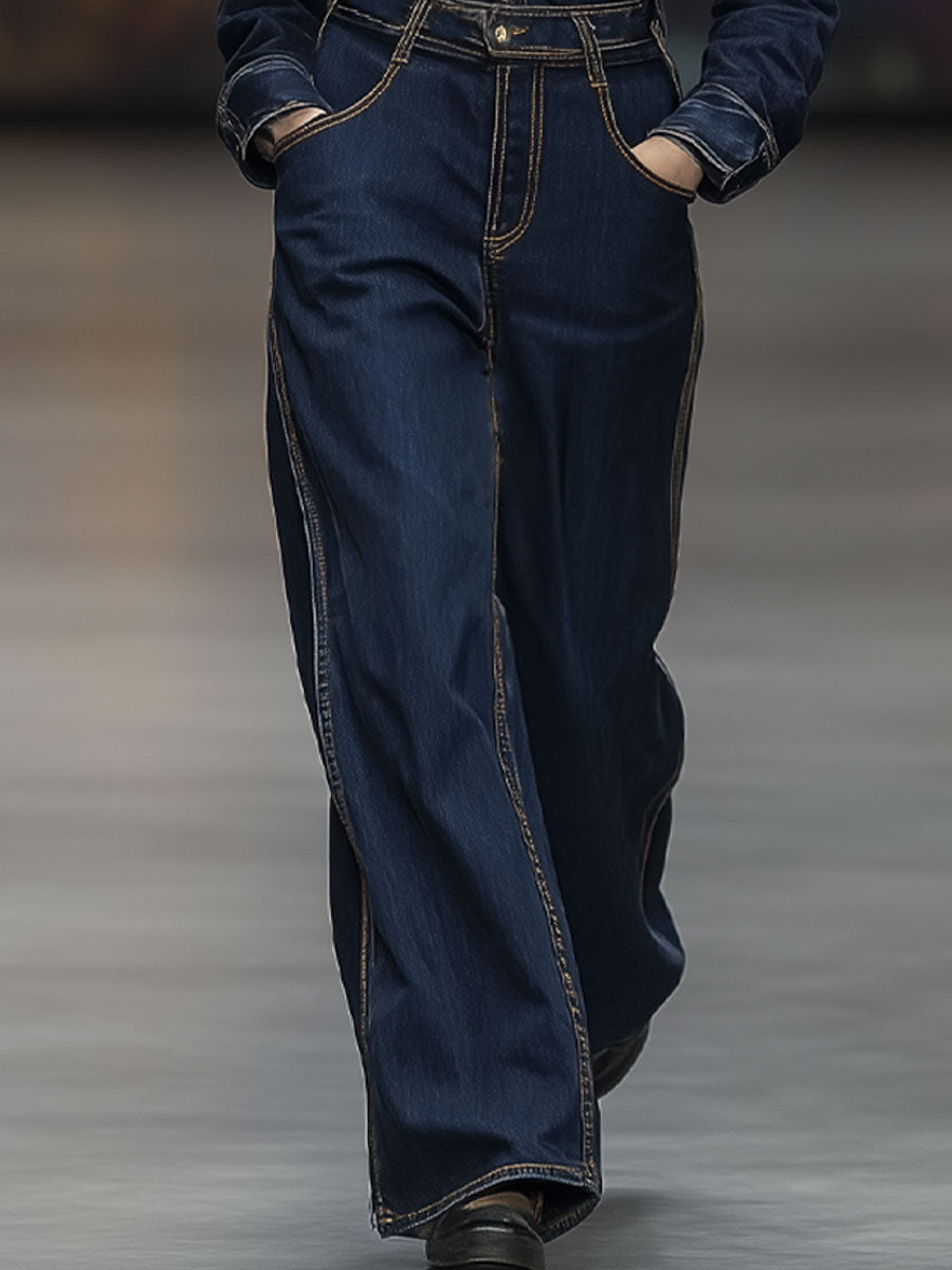 Fashionable And Casual Dark Blue Lapel Brown Topstitched Long-Sleeved Jumpsuit