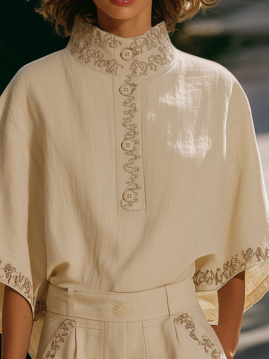 Bohemian Style High-neck Embroidered Short-sleeved Top And Shorts Set