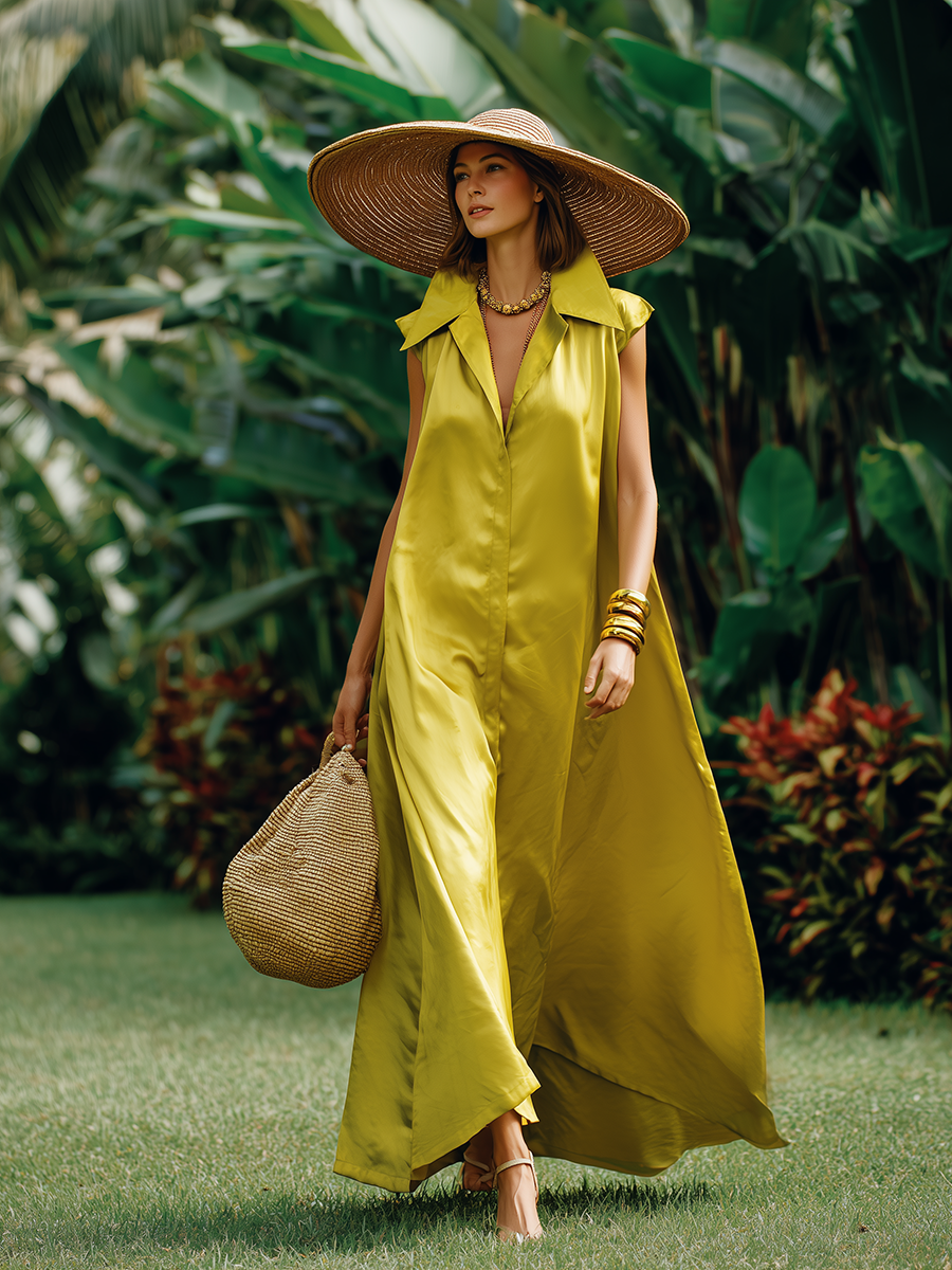 Luxurious Resort-style Lapel Sleeveless Satin Maxi Dress