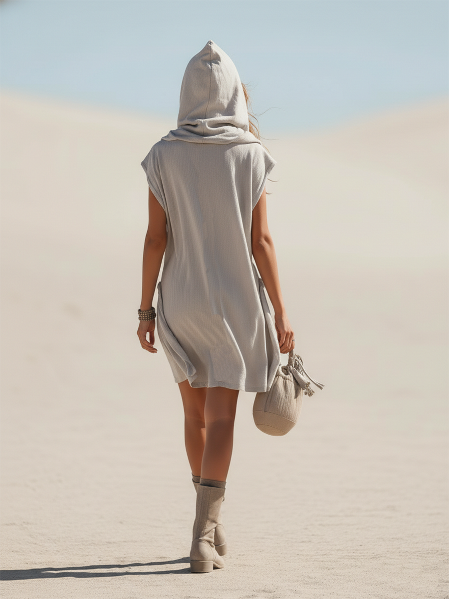 Vacation-style Gray Cotton Sleeveless Loose Mini Dress