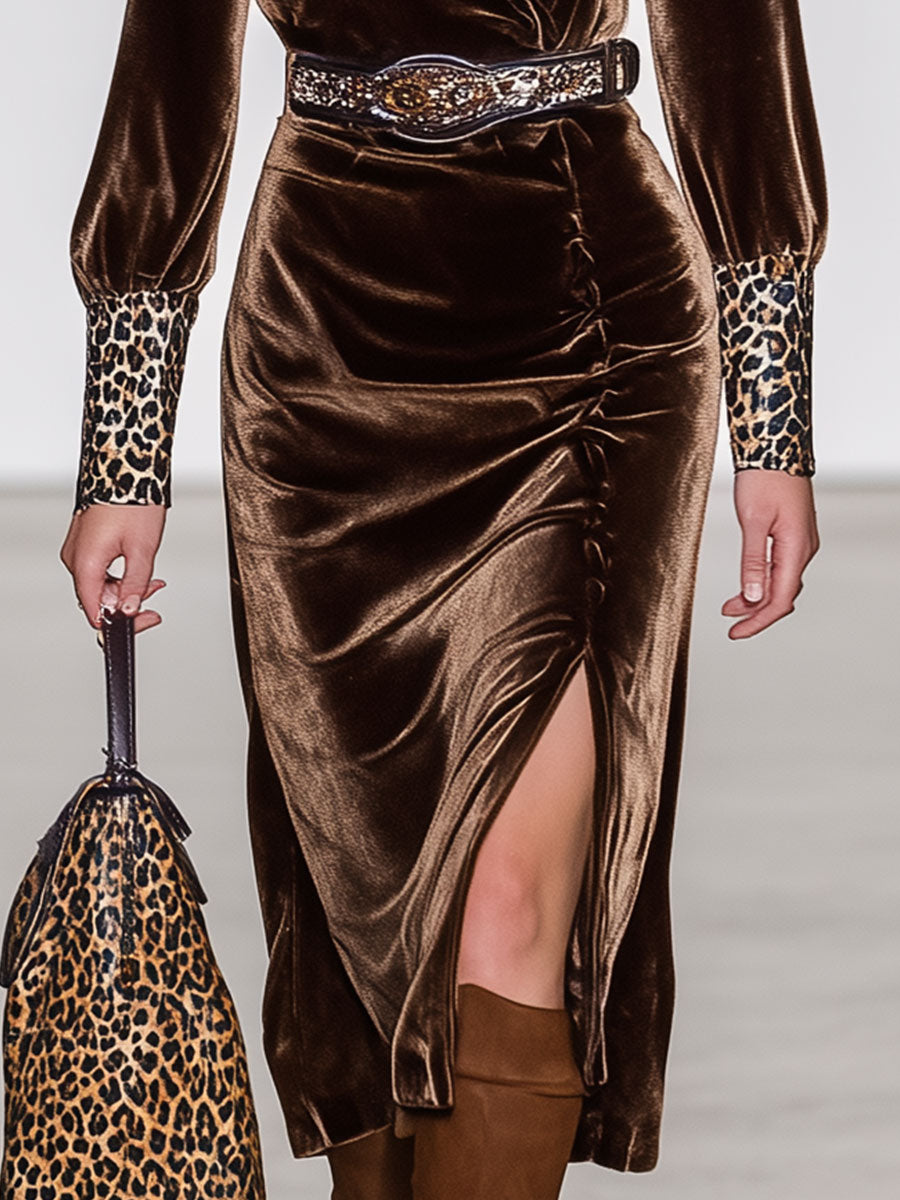 Elegant Vintage Brown Velvet Midi Dress