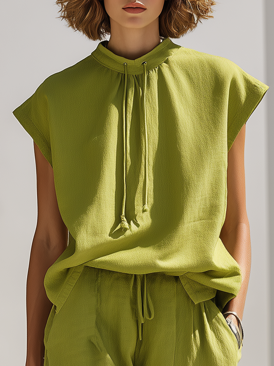 Vacation-style Cotton And Linen Sleeveless Round-neck Top And Trousers Set