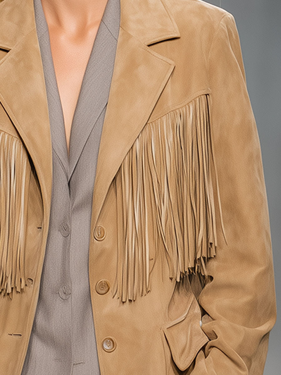 Casual Vintage Khaki Anti-suede Fringe Jacket