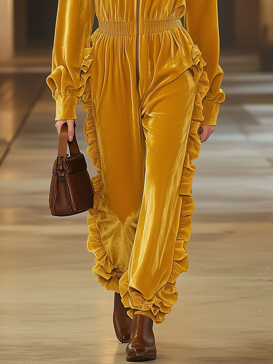 Vintage Long-Sleeved Hooded Yellow Velvet Ruffle Jumpsuit