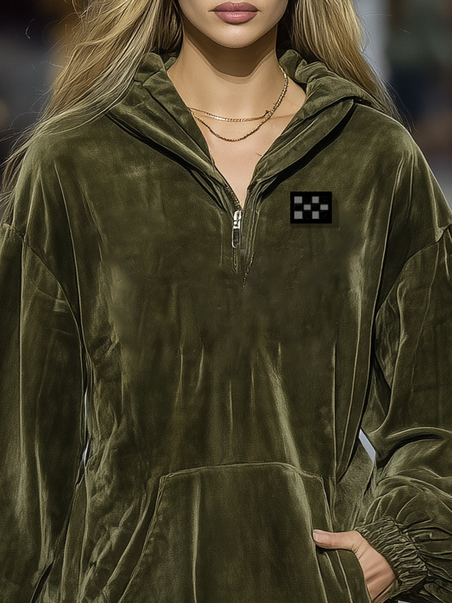 Leisure Sports Ruffle-trimmed Army Green Velvet Hooded Mini Dress