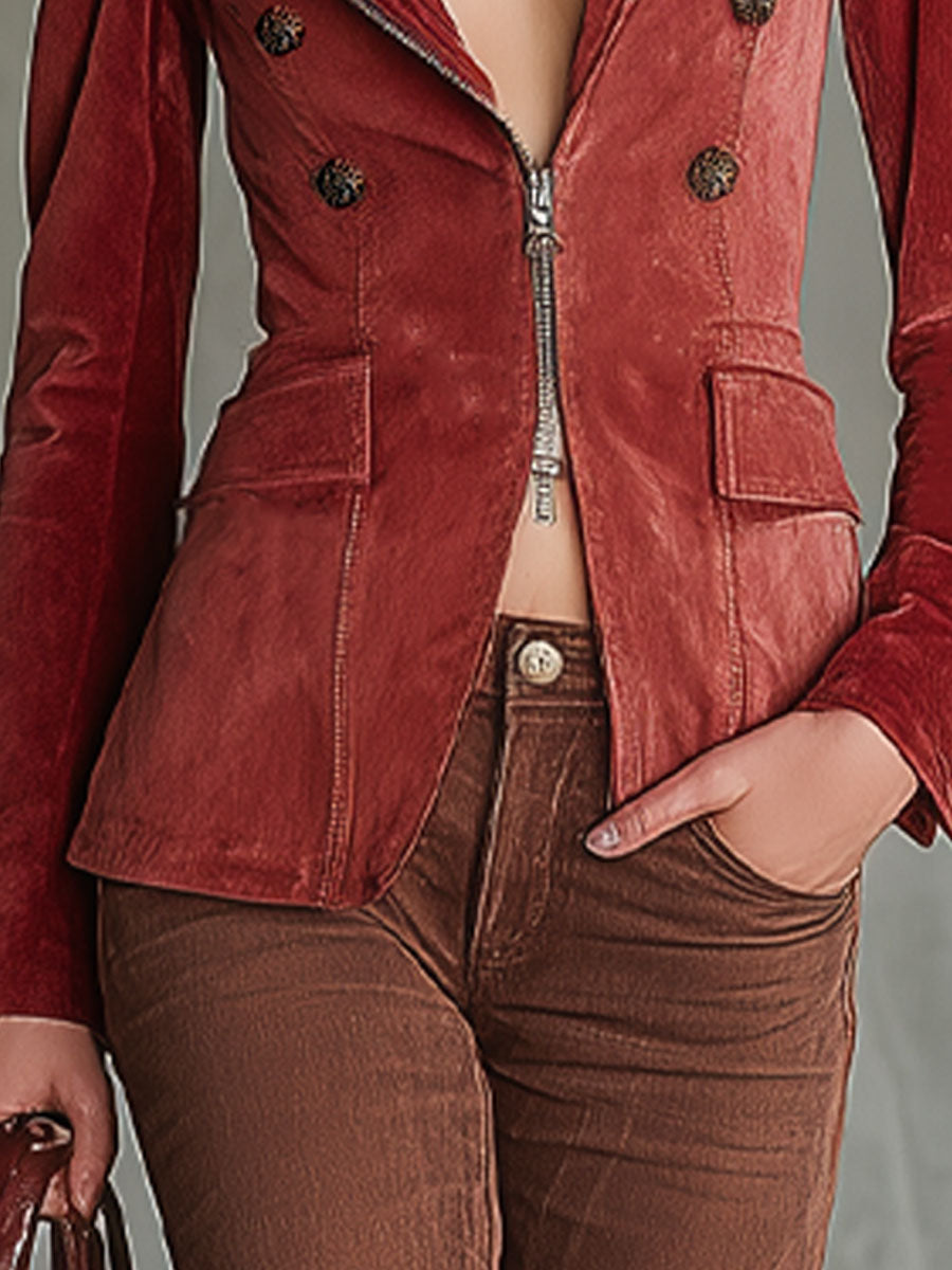 Urban Fashion Casual Rose Red Faux Suede Lapel Long Sleeve Jacket
