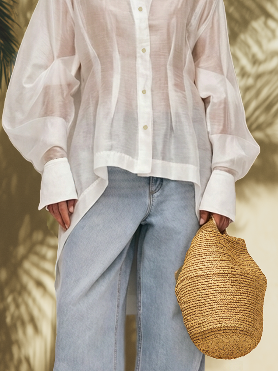 Stylish Sheer Irregular Hem White Long-sleeved Shirt