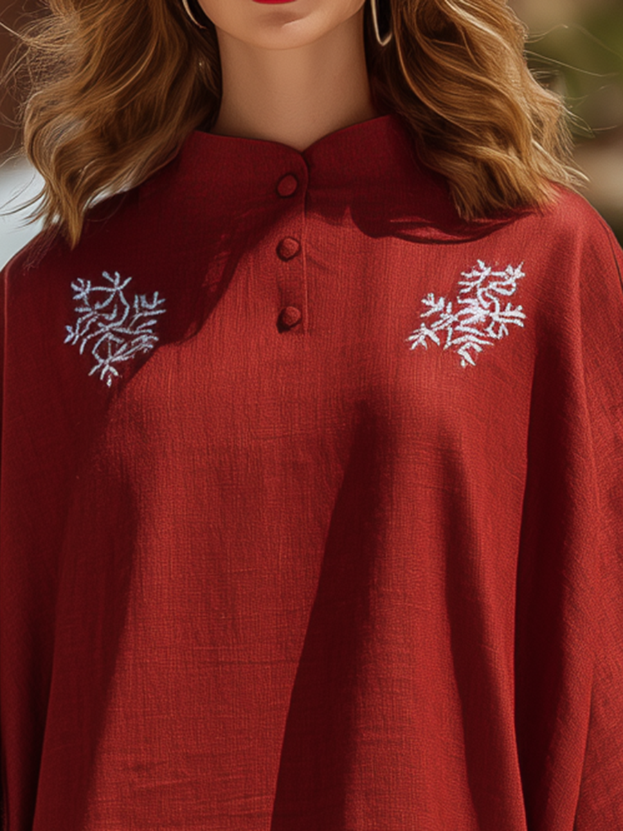 Bohemian Style Red Stand-collar Embroidered Mini Dress