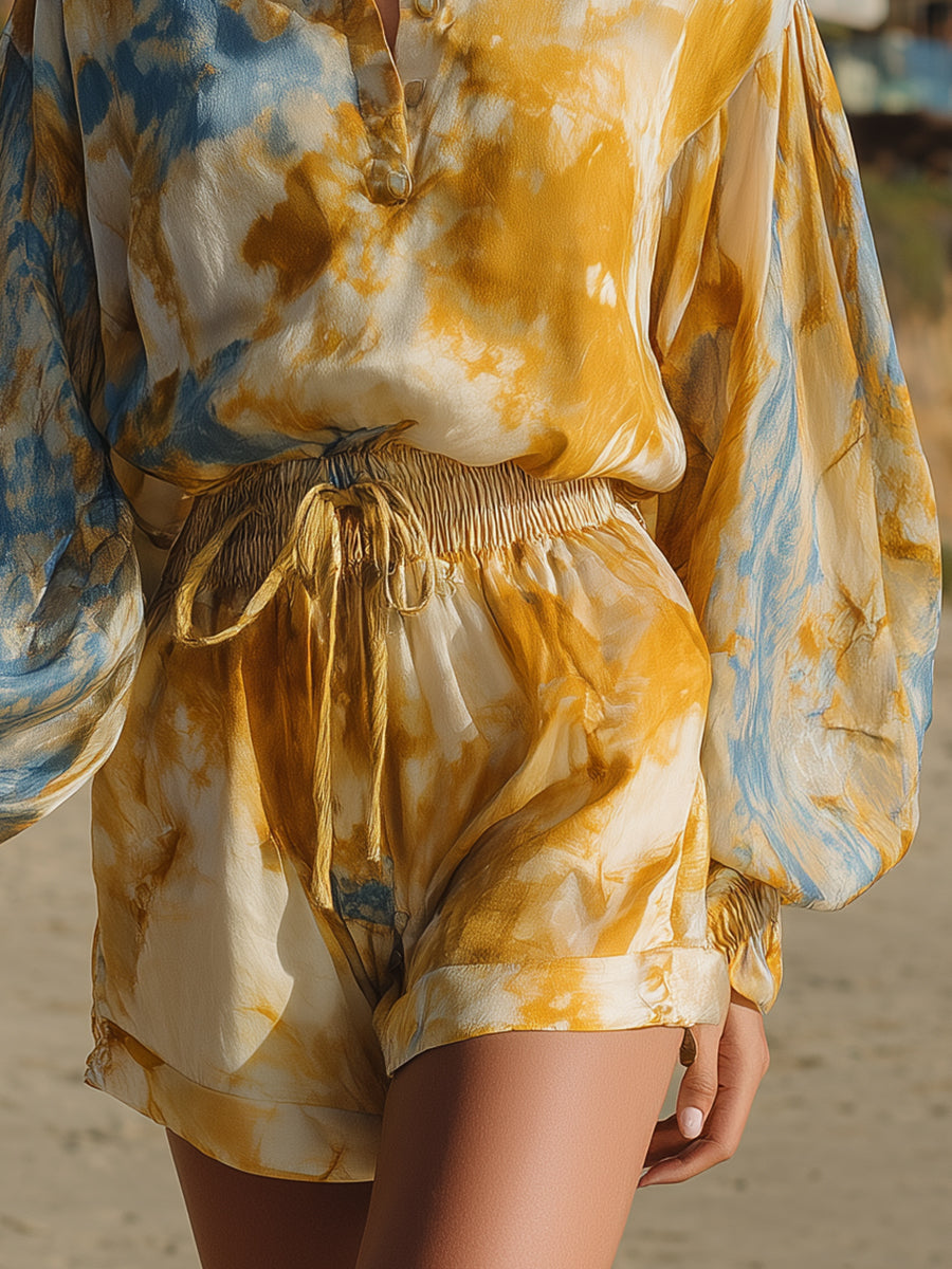 Bohemian Resort Mustard Yellow And Blue Tie-Dye Chiffon Shirt And Shorts Set