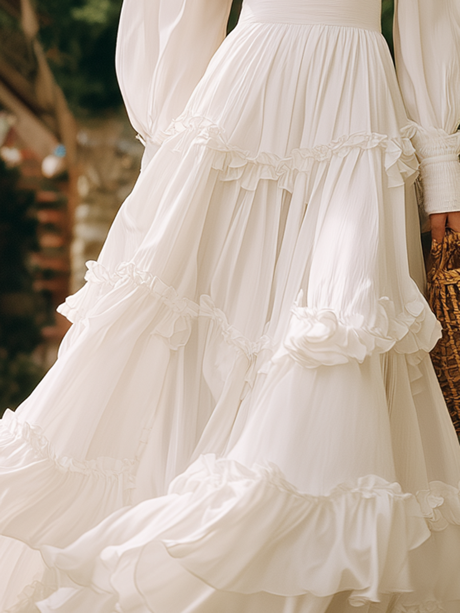 White Resort-style Chiffon Long-sleeved Maxi Dress