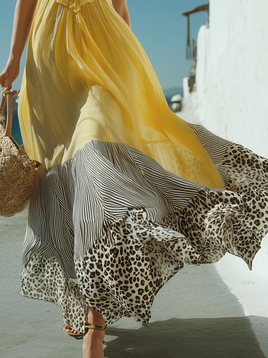 Beach Vacation Style Lotus Leaf Neckline Animal Print Hem Chiffon Maxi Dress