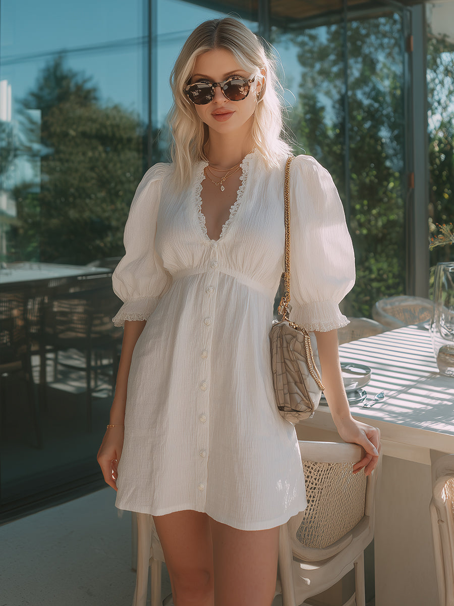 Romantic Bohemian White Crinkled Cotton Lace Trim V-Neck Button Mini Dress