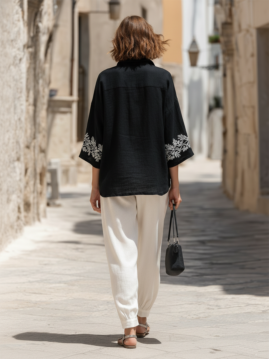 Bohemian-style Black Embroidered Top And White Trousers Set