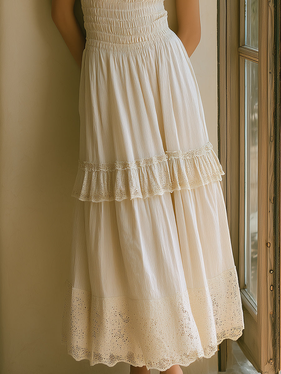 French Romantic Beige Off-the-shoulder Ruffled Lace Midi Dress