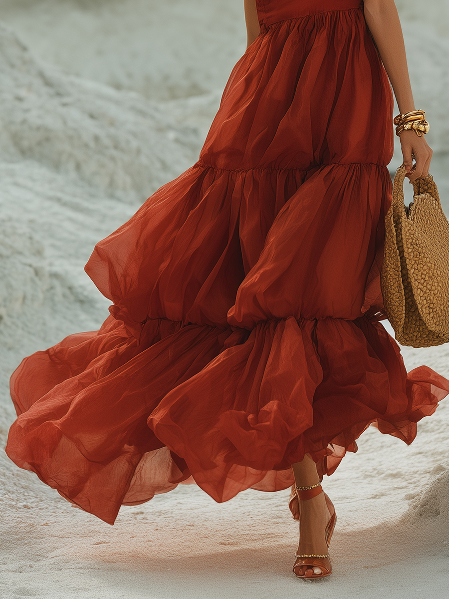 Stylish Bohemian Wide Shoulder Straps Red Sheer Maxi Dress