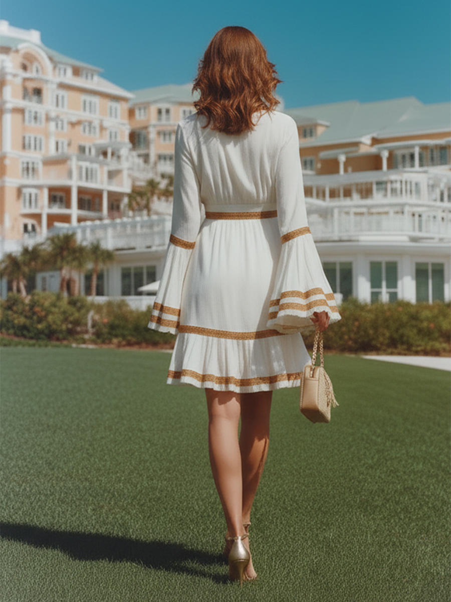 Vacation-style Cotton Long-sleeved Mini Dress