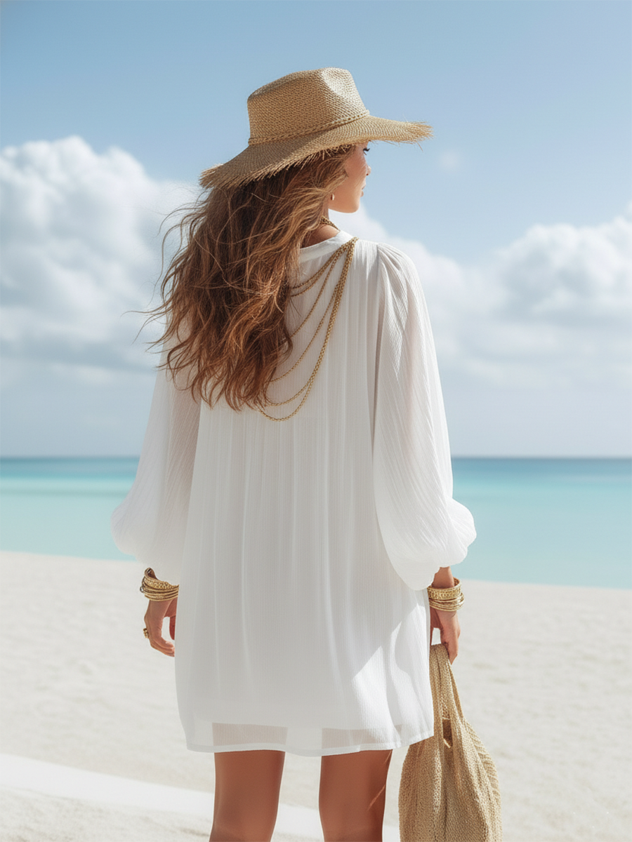 Resort Style White V-Neck Long-Sleeved Thin Top