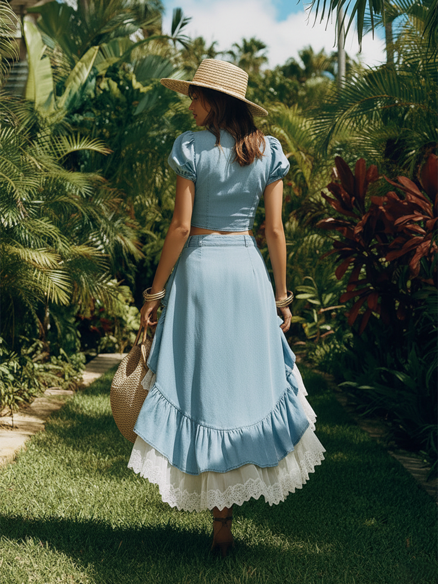 Romantic Bohemian Short-sleeved Crop Top White Lace Ruffled Skirt Denim Set