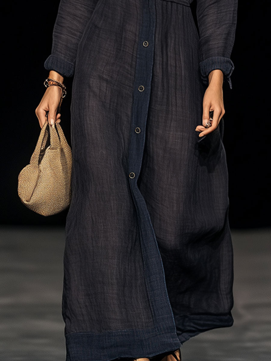 Casual And Comfortable Dark Blue Cotton And Linen Lapel Long-Sleeved Maxi Dress