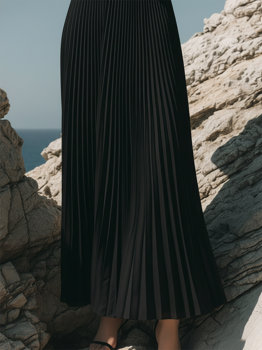 Elegant And Stylish V-neck Pleated Hem Black Maxi Dress