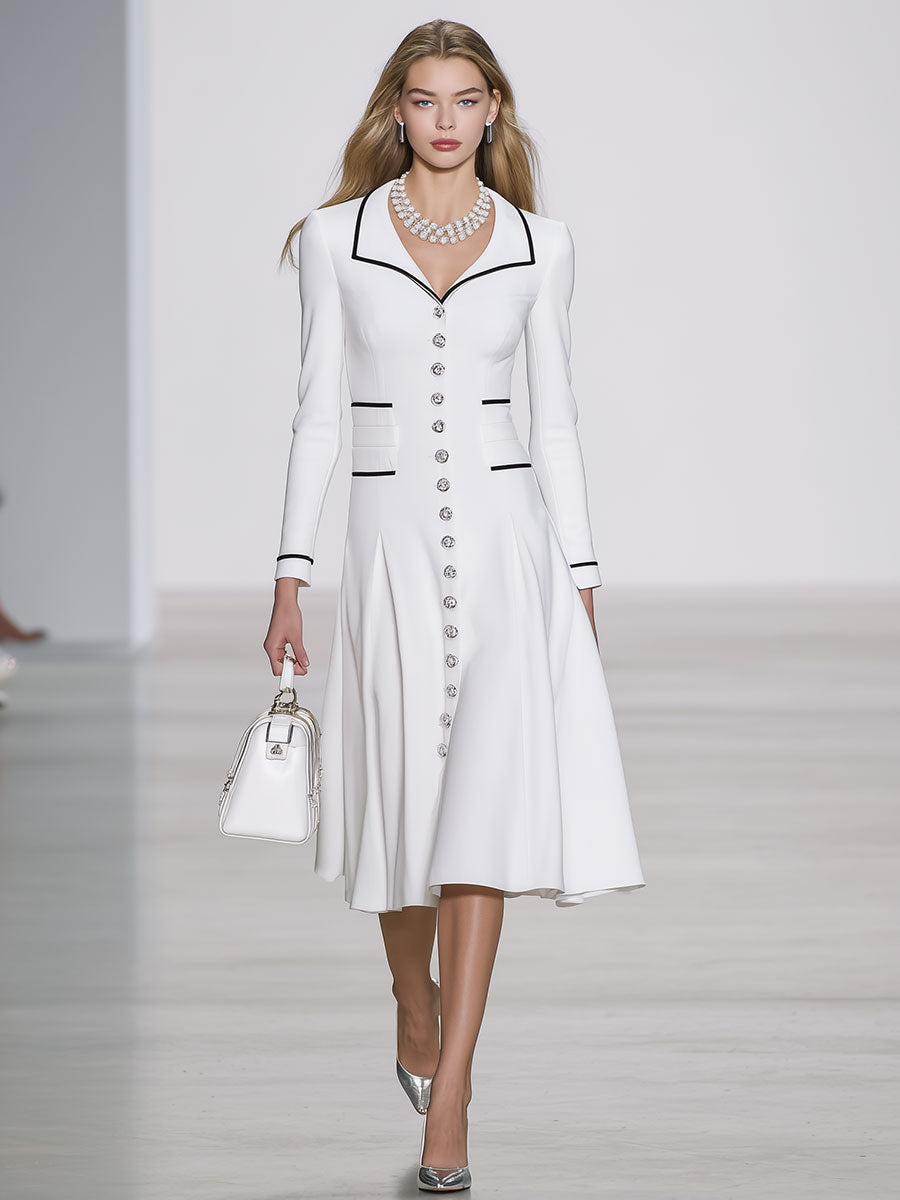 Elegant And Luxurious White Lapel Contrast Dress