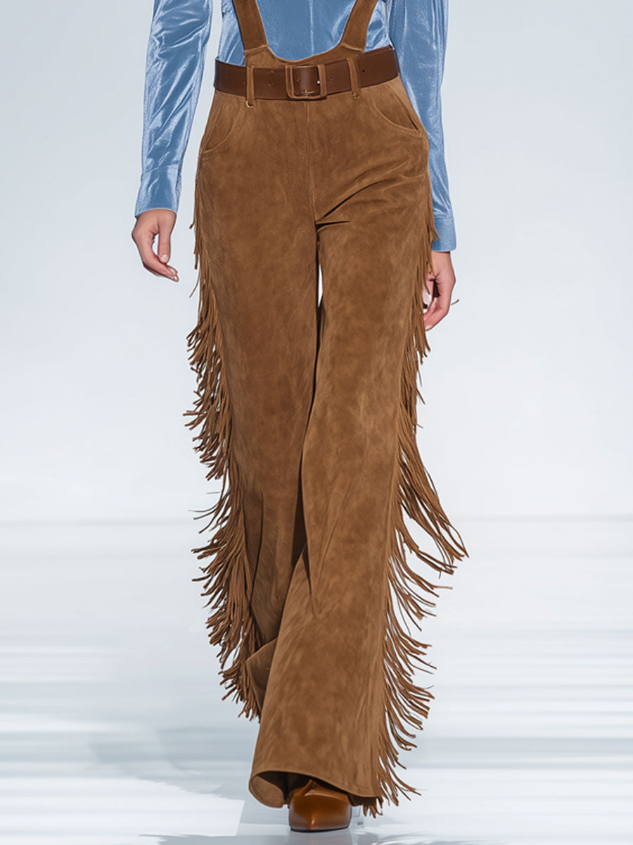 Western Vintage Caramel Suede Wide-Leg Tassel Overalls