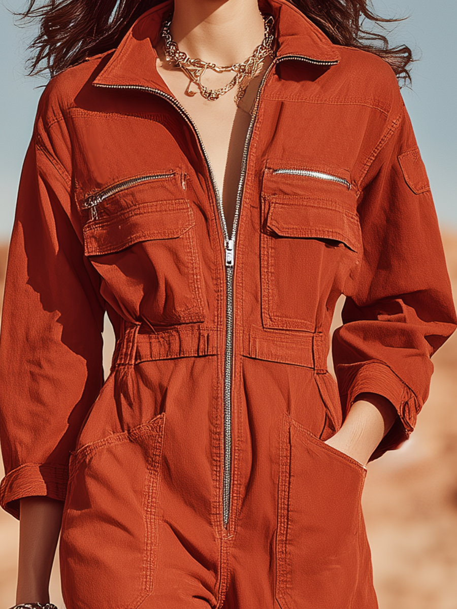 Vacation And Adventure Style Red Cotton Long-sleeved Jumpsuit