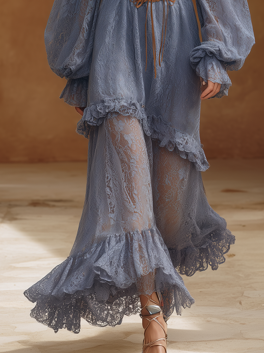 Elegant Bohemian Off-Shoulder Gray-Blue Lace Maxi Dress