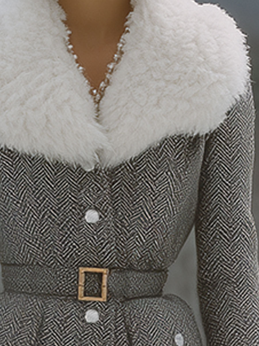 Luxury Waterproof Mink Collar Long Herringbone Wool Coat