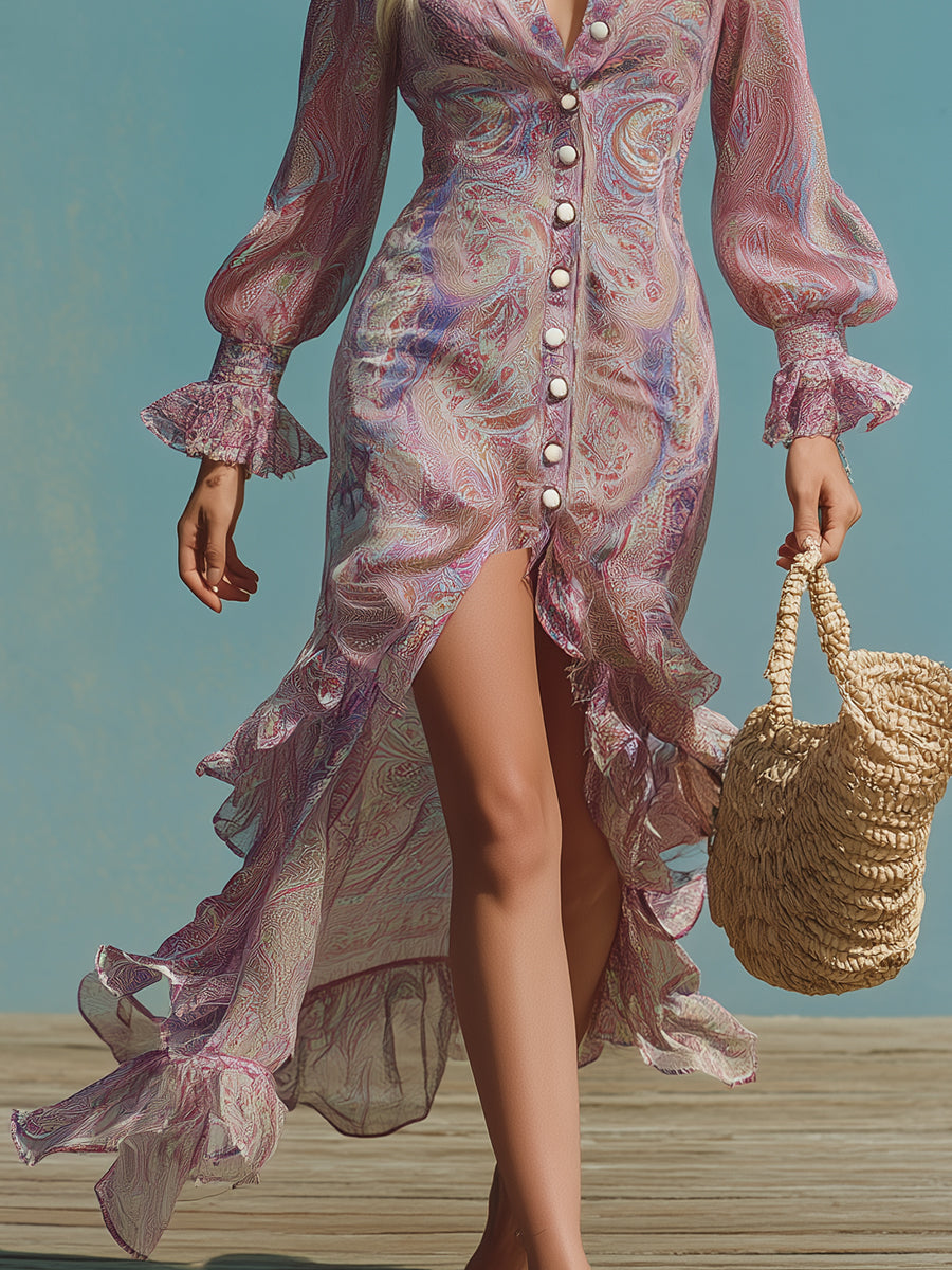 Romantic Retro Pinkish-purple Paisley Print Chiffon Maxi Dress