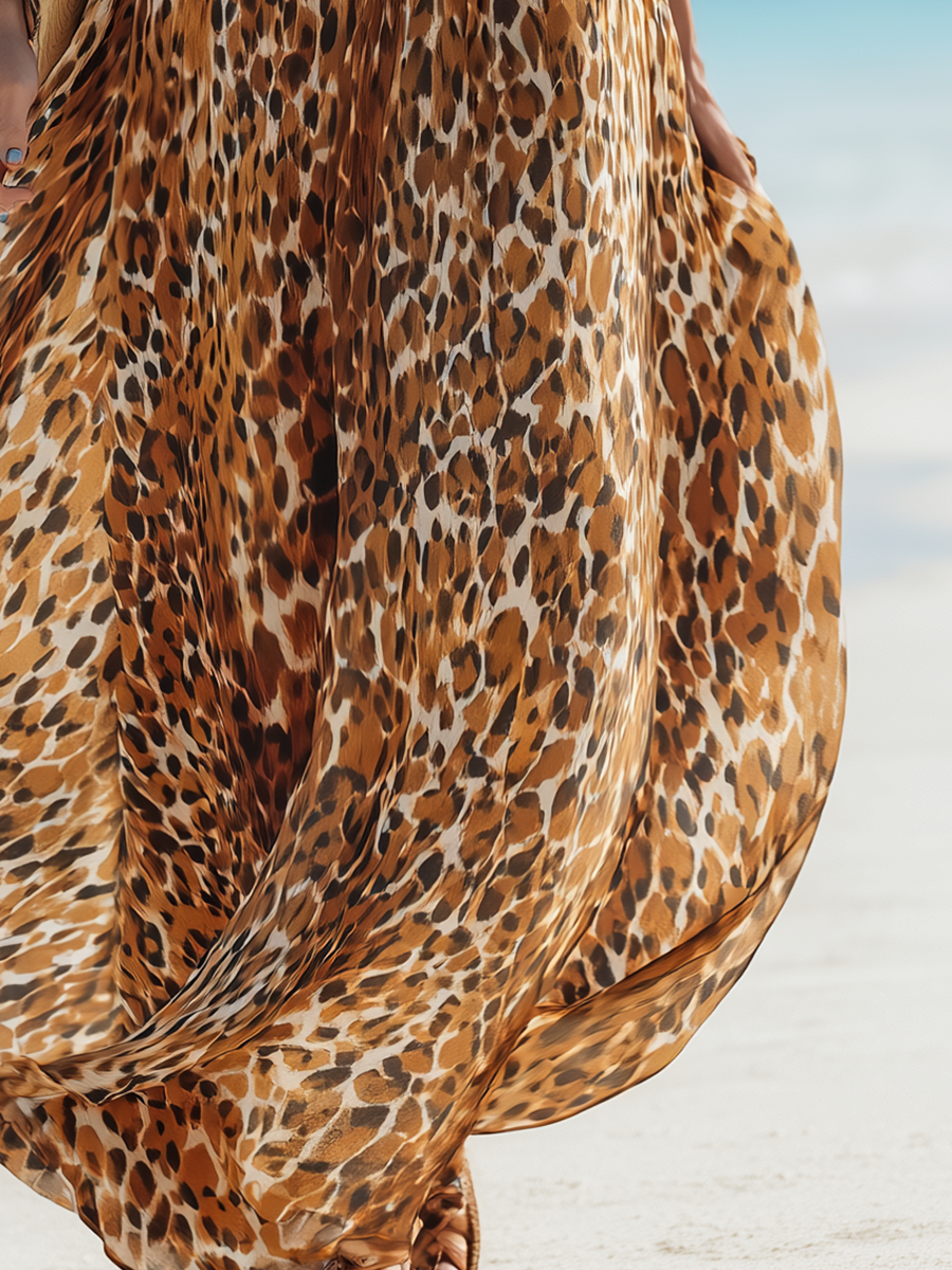 Resort-style Brown Leopard Print Off-shoulder Maxi Dress