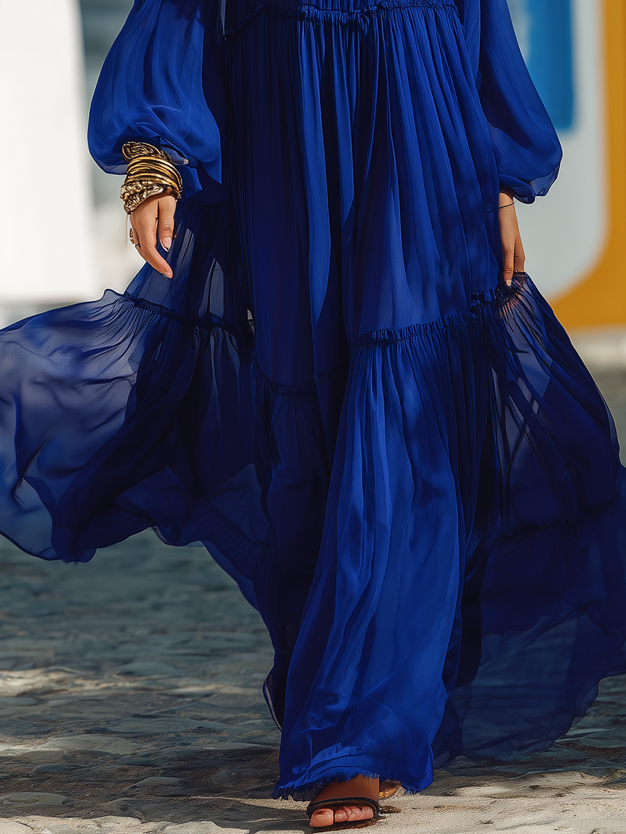 Elegant Bohemian Royal Blue Chiffon Round Neck Maxi Dress