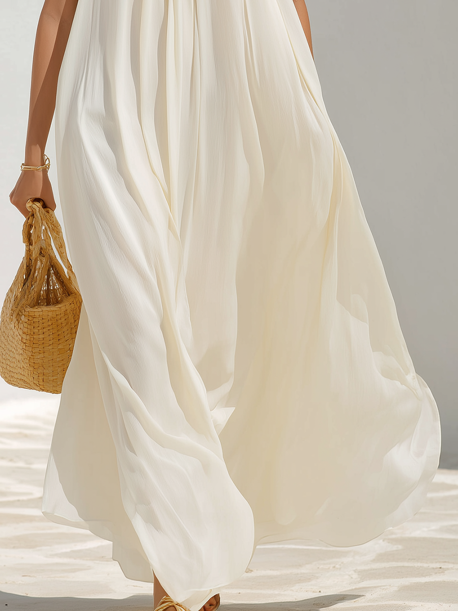 Resort-style Off-white Loose-fitting Turtleneck Short-sleeved Maxi Dress