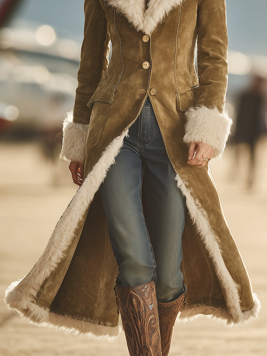 Vintage Western Faux Fur Trim And Buttons Brown Faux Suede Coat