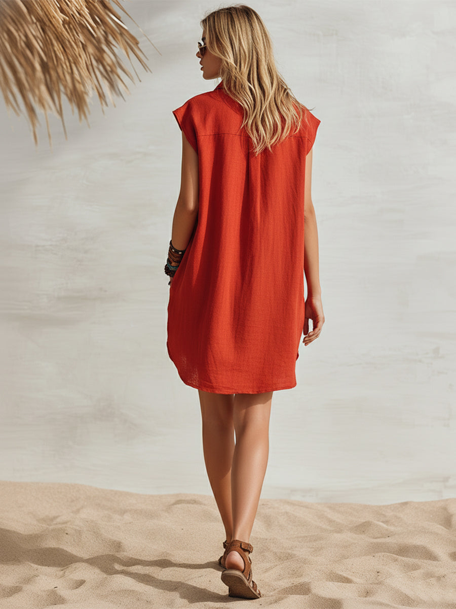 Bohemian Coast Red Cotton Linen Button-Down Sleeveless Mini Dress