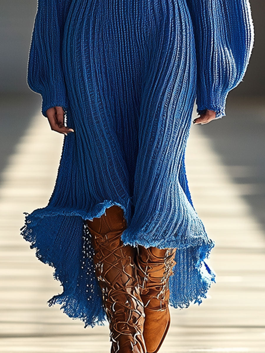 Retro Casual Loose V-Neck Royal Blue Knitted Raw Edge Maxi Dress