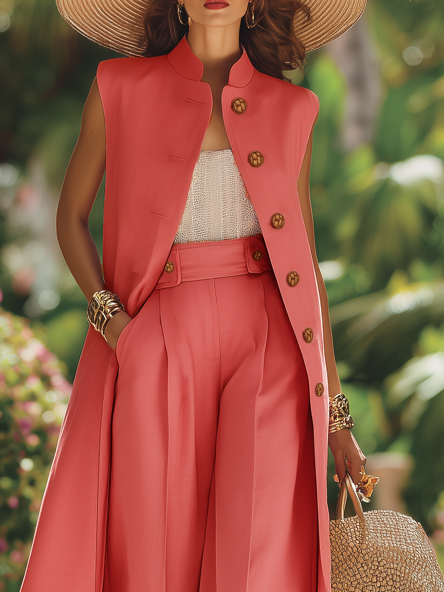 Luxurious Resort-style Long Cotton Vest And Wide-leg Pants Set