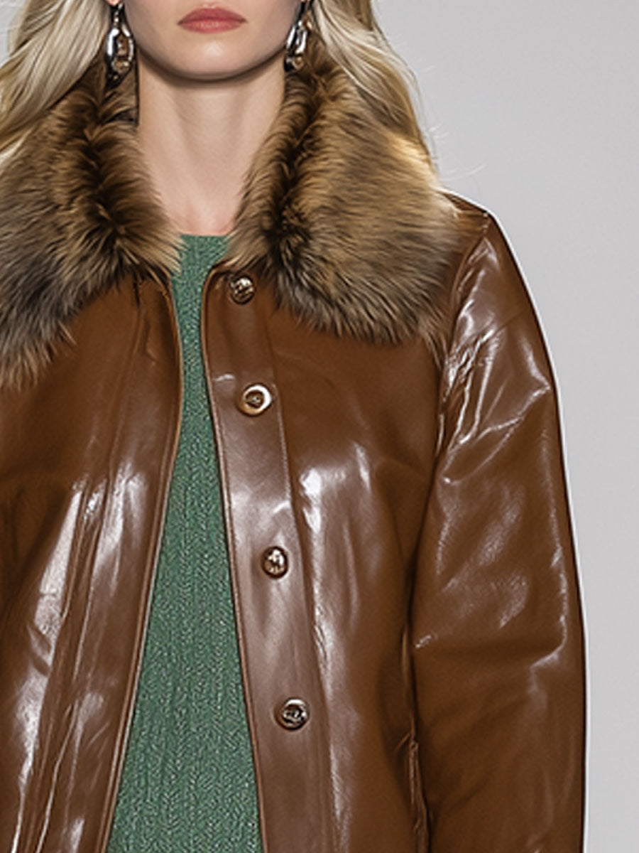 Casual Vintage Brown Faux Fur Collar Jacket