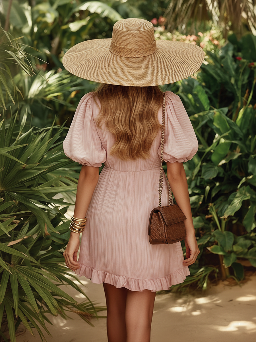 Romantic Vacation Bubble Short-sleeved Ruffled Pink Mini Dress