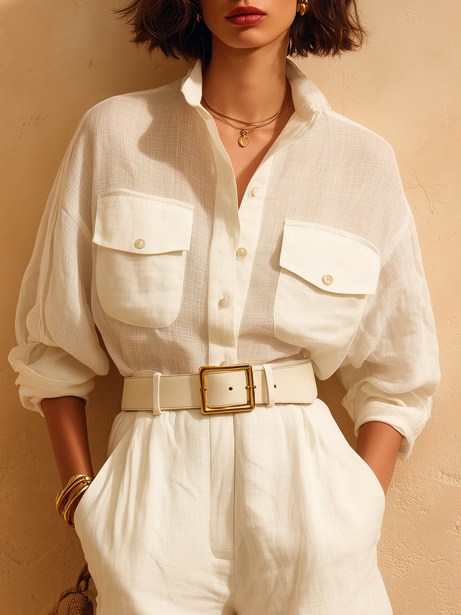 Mediterranean Minimalist Style White Cotton And Linen Loose Shirt And Shorts Set